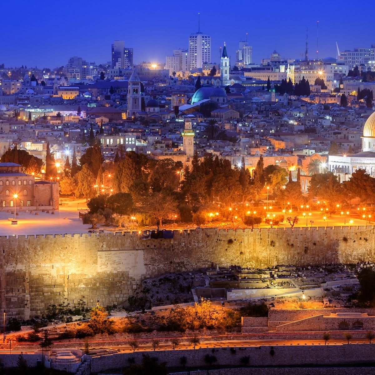 Jerusalem skyline at sunset with the Dome of the Rock and Old City rooftops
