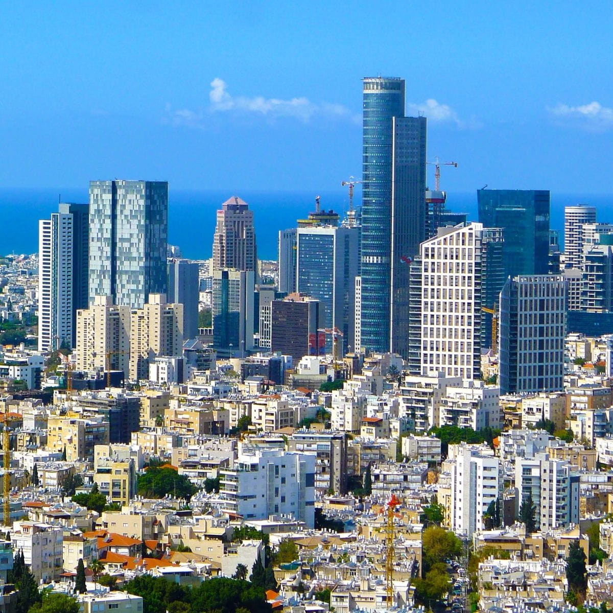 Tel Aviv skyline along the Mediterranean coast at sunset