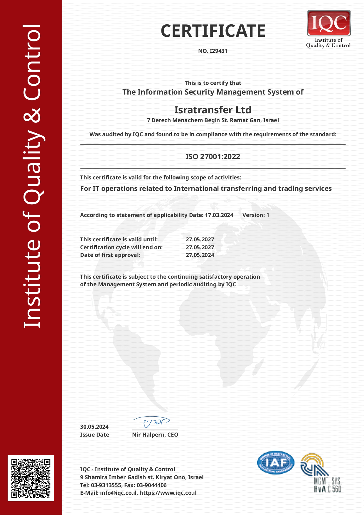 ISO 27001 certificate